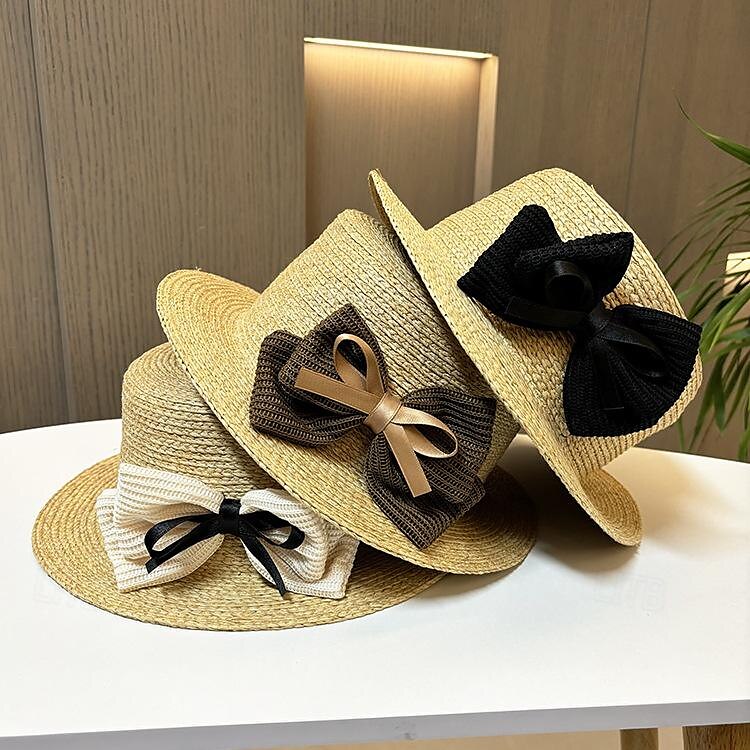 Klobouky Doplňky do vlasů akryl / bavlna Sláma Slamák Sluneční klobouk Dovolená Plážové Elegantní Romantické S Mašle Čistá Barva Přílba Pokrývky Hlavy 2025 - $23.99 –P3