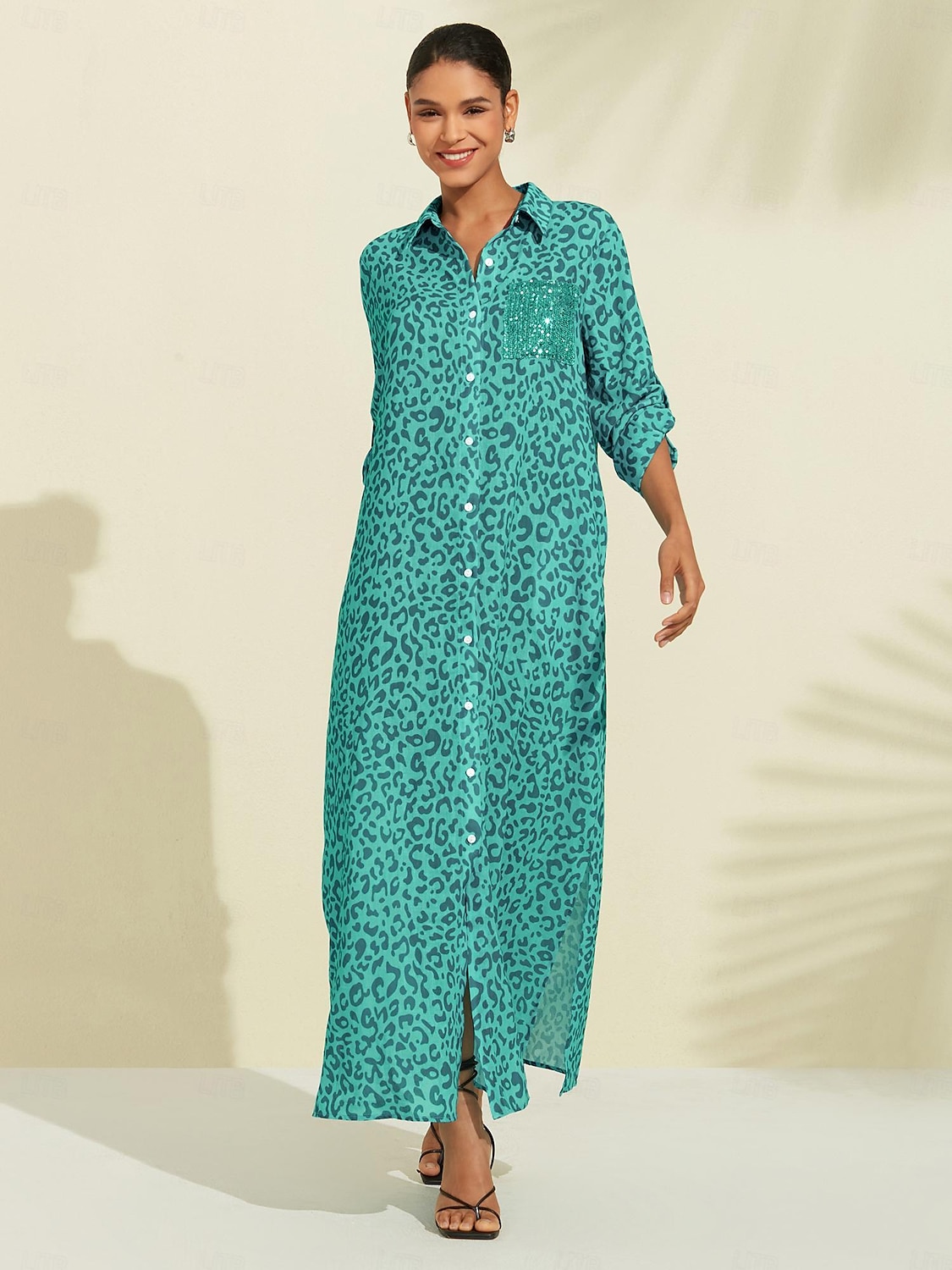 Sequin Leopard Print Maxi Shirt Dress 2024 - $52.99 –P5