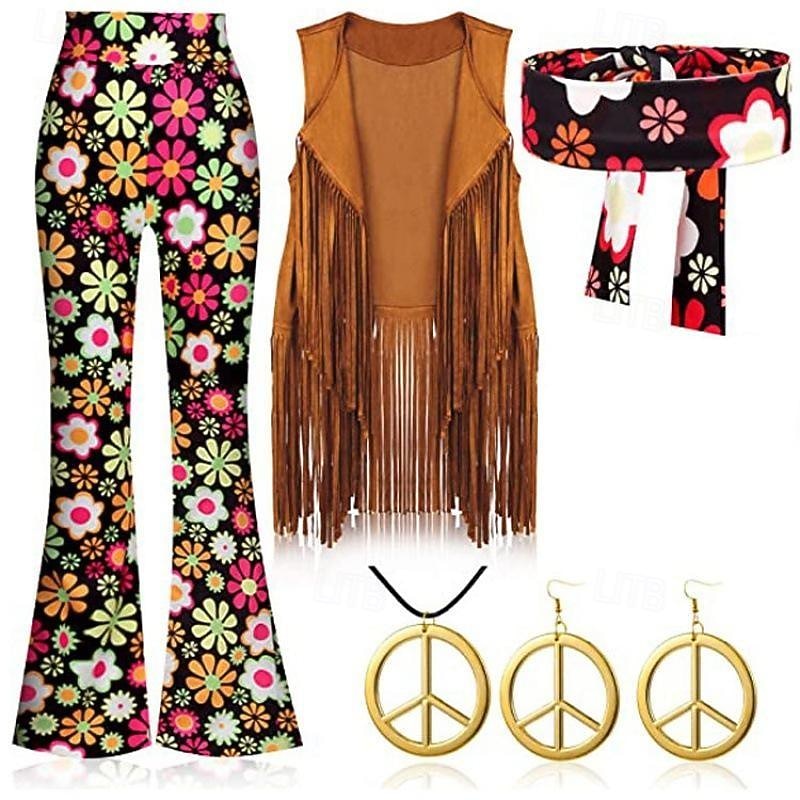 Hippie Scheibe Retro Vintage 1960er Hippie 1970er Hosen Cosplay Kostüm Austattungen Weste Stirnband Damen Mädchen Quaste Halskette Ohrringe Jahrgang Karnival Maskerade Ärmellos Weste Schlager Outfit 2026 - $57.99 –P1