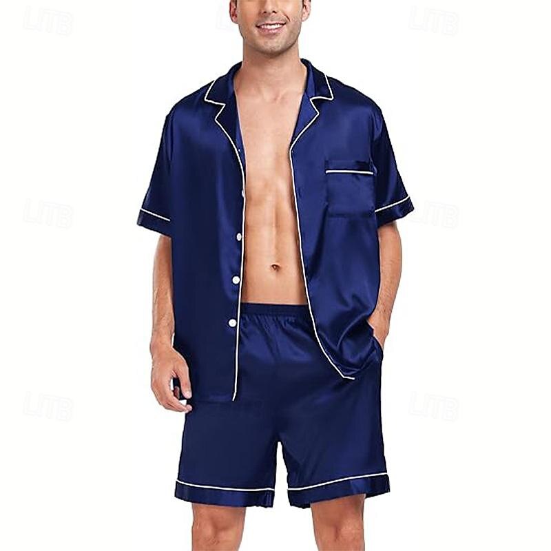 Homens Roupa de Dormir Conjunto de Pijama Top e shorts de pijama 1conjunto Tecido Moda à moda Clássico Casa Diário De Cama Poliéster Conforto Respirável Macio Lapela Manga Curta Camisa Social Calção de 2025 por $9.59 –P7