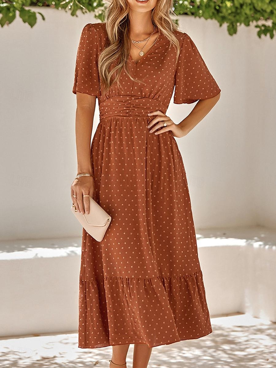 Naisten Rento mekko Midimekko Ruffle Trim Deitti Loma Katutyyli Vapaa-aika V kaula-aukko Puolihiha Ruskea Apila Aprikoosi Väri 2025 - $41.99 –P5
