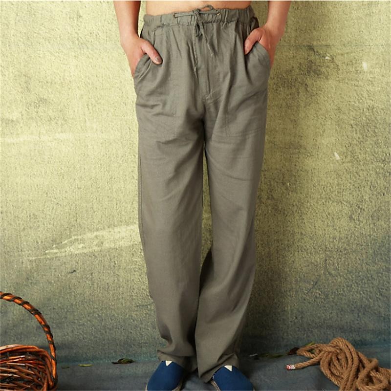 Men's Linen Pants Trousers Summer Pants Beach Pants Pocket Drawstring Elastic Waist Plain Comfort Breathable Vacation Daily Holiday Hawaiian Boho ArmyGreen Black 2025 - $21.99 –P7