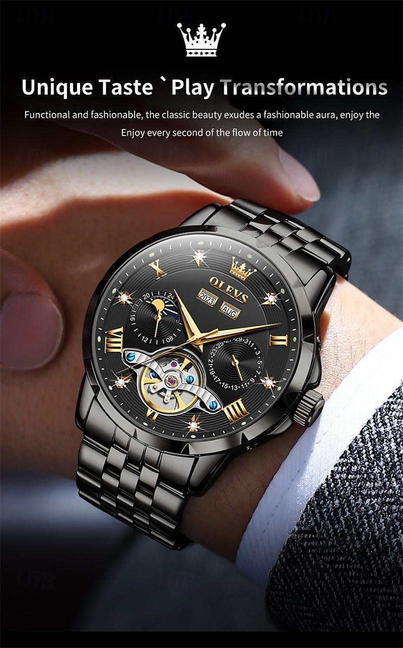 New Brand Olevs European Men'S Fashion Trend Business Watch Luminous Calendar 24-Hour Indication Week Multi-Functional Mechanical Watch Steel Band Waterproof Sports Casual Men'S Watch 2025 - $91.99 –P15