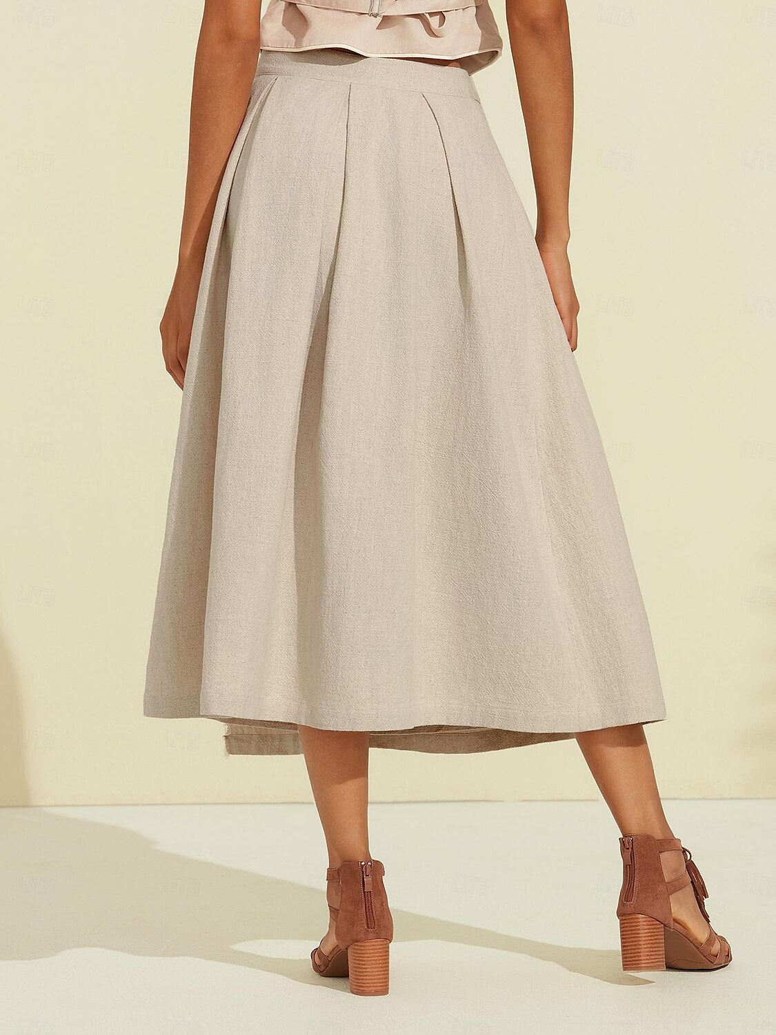 Women's Linen Blend Khaki Box Pleated Midi Skirt 2025 - $72.99 –P2