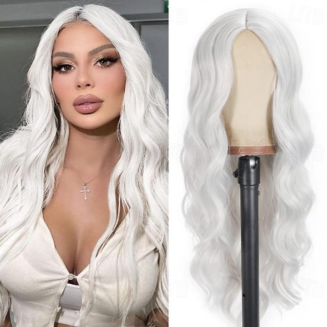 lunghe parrucche bianche ombre per donne nere 26 parrucca lunga ondulata da 28 pollici con frangia per le donne grandi capelli rimbalzanti e soffici in fibra sintetica senza colla per cosplay e uso del 2025 a $21.99 –P11