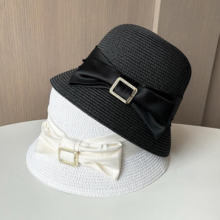 Palarie Veșminte de cap Poliester Paie Clop Paie Căciulă Palarie de soare Casual Concediu Elegant Retro Cu Funde Culoare Pură Diadema Articole Pentru Cap 2025 - $22.99 –P2