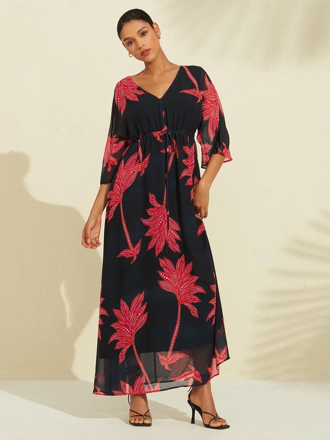 Per donna Abito Stampato Abito maxi Nero Manica 3/4 Foglia Stampa Fiori / Piante Stampa Primavera & Estate Scollo a V Spiaggia S M L del 2025 a $141.99 –P6