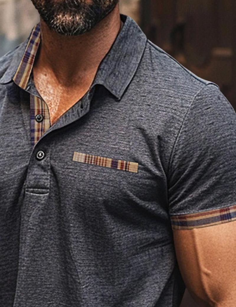Herr POLO Shirt Golftröja Arbete Ledigt Kavajslag Ribbstickad polokrage Kortärmad Grundläggande Modern Rutig Färgblock Lappverk Knapp Vår & sommar Normal Vin Mörkgrå Marinblå Khaki grön POLO Shirt 2025 - $21.99 –P3