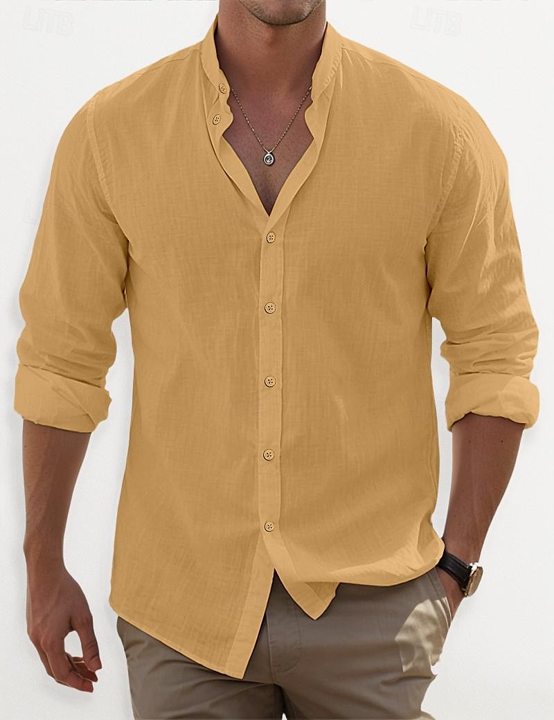 Voor heren Overhemd Overhemd met bandkraag Zomer overhemd Strand Kleding Overhemd met knopen Effen Casual Dagelijks Zwart Wit Blozend Roze blauw Lange mouw Band Kraag Lente zomer Kleding 2025 - $22.99 –P6