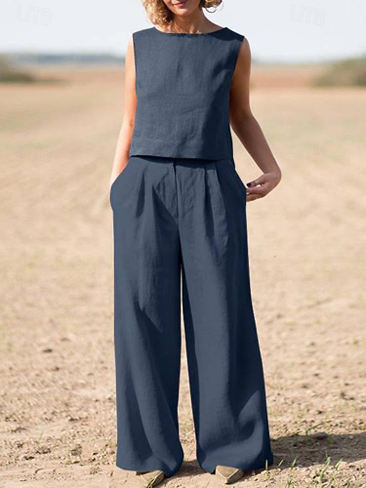 Tanktop Baumwoll-Leinen-Hemden Set Damen Armeegrün Marineblau Khaki Einfach 2 teilig Weites Bein Straße Täglich Mode Rundhals Normale Passform M 2025 - $35.99 –P5