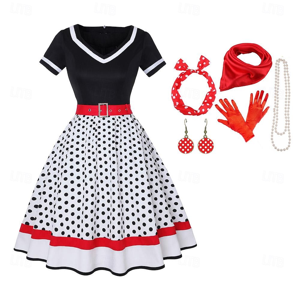 Completo anni '50 vestito svasato cintura 7 pezzi set di accessori anni '50 abito altalena vintage retrò costume cosplay da donna festa appuntamento festival del 2026 a $49.99 –P1