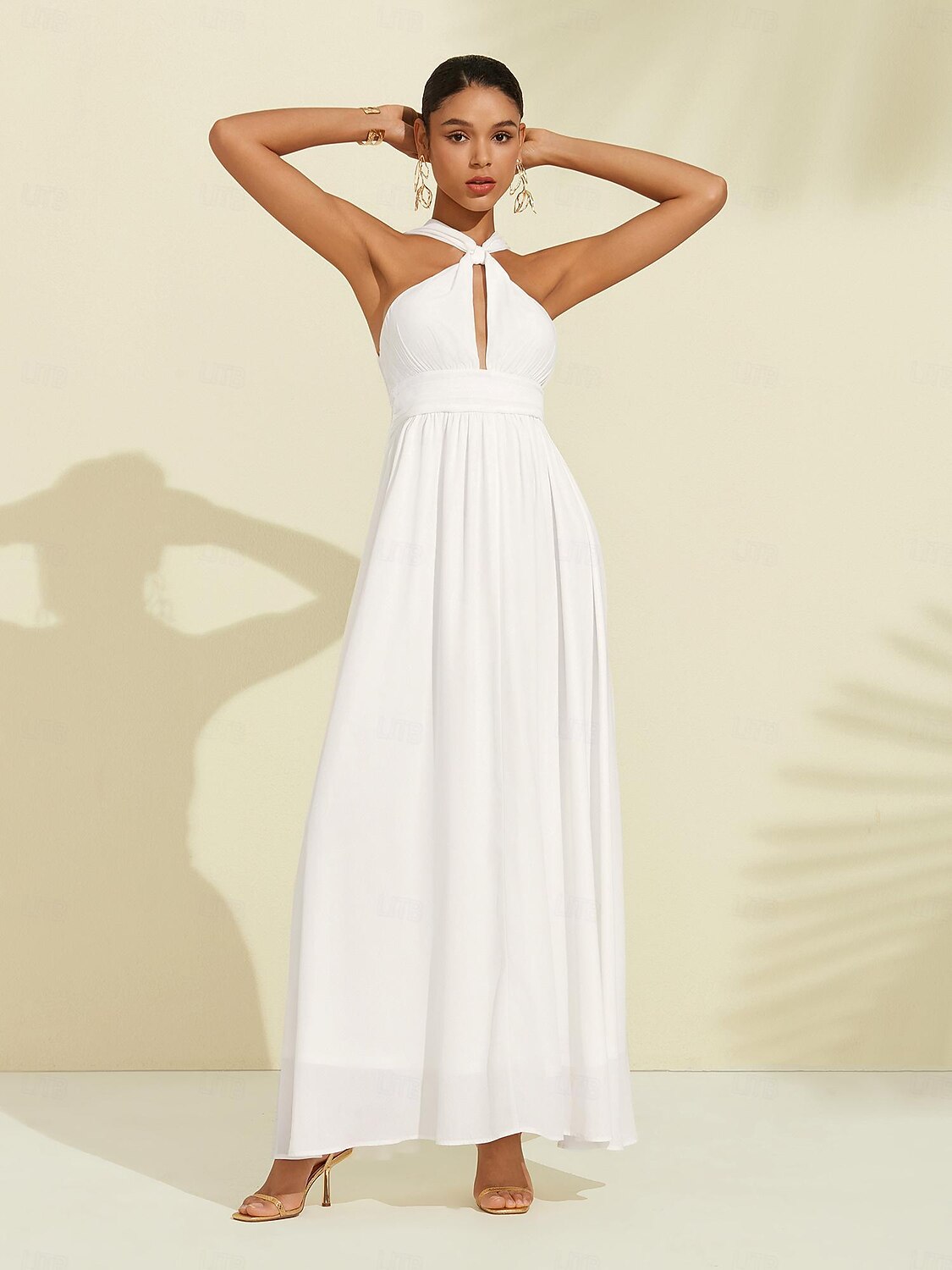 γυναικείο σιφόν λευκό καπίστρι αμάνικο κομψό φόρεμα για πάρτι/γαμήλιο μάξι φόρεμα για να εντυπωσιάσει το 2024 2026 - $69.99 –P4