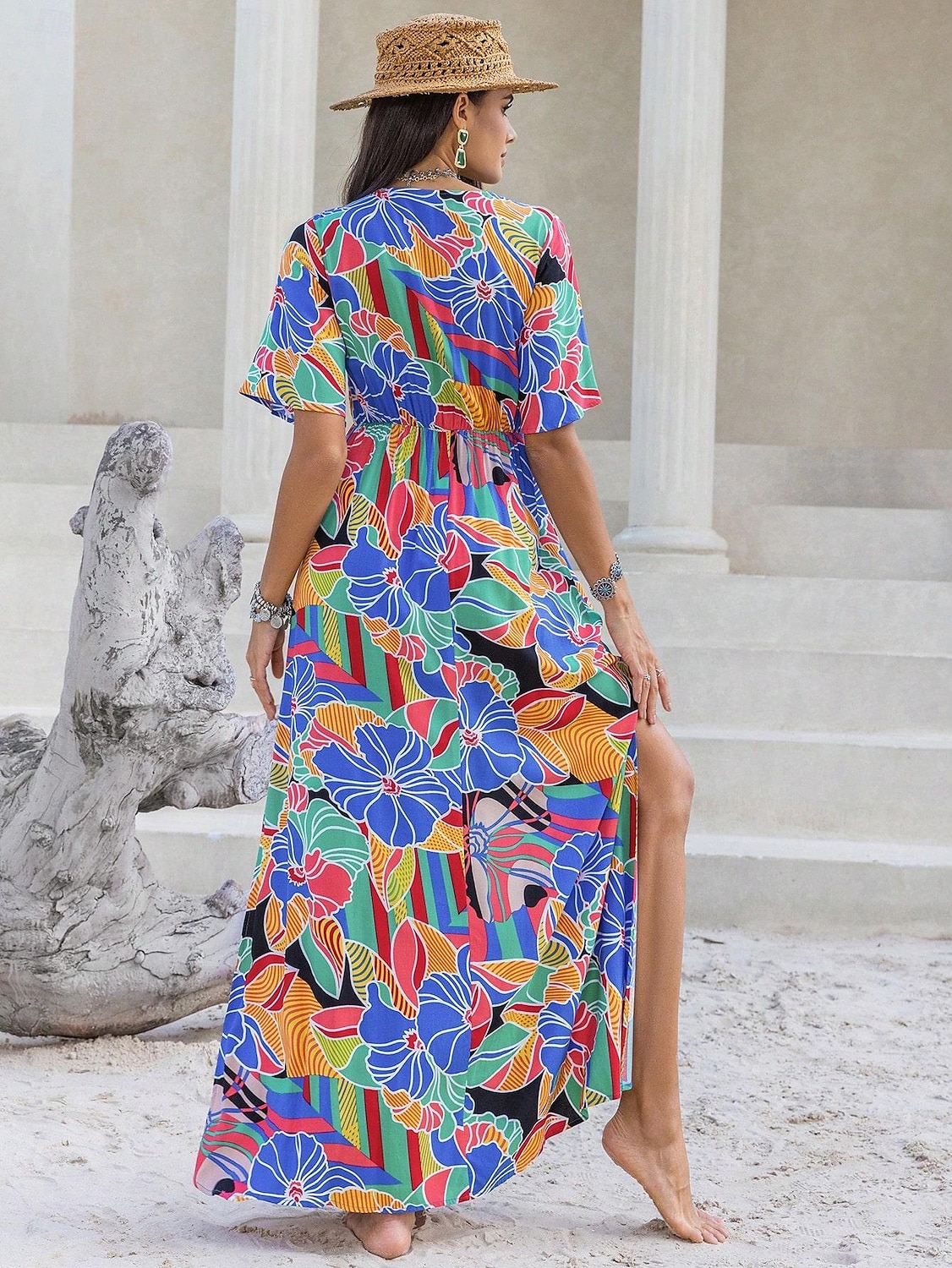 Damen kleid lang Chiffon-Kleid Elegant Böhmen Vintage Urlaub Party Täglich Lockere Passform Blumen Kurzarm Asymmetrisch Blau Sommer 2025 - $41.99 –P6
