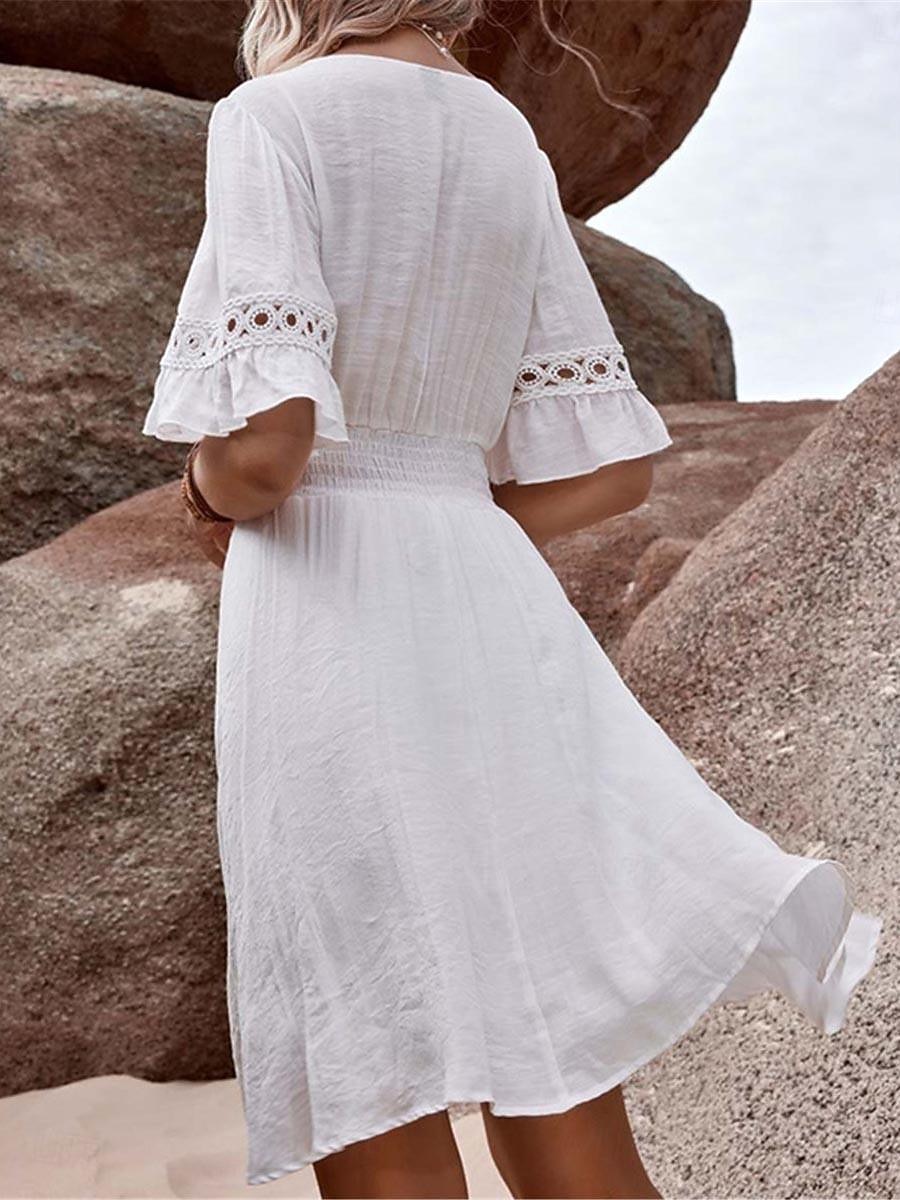 knee length dresses for ladies Chic White Boho Summer Dress  Flare Sleeve A-Line Mini Dress in White | Women's Boho Fashion | L