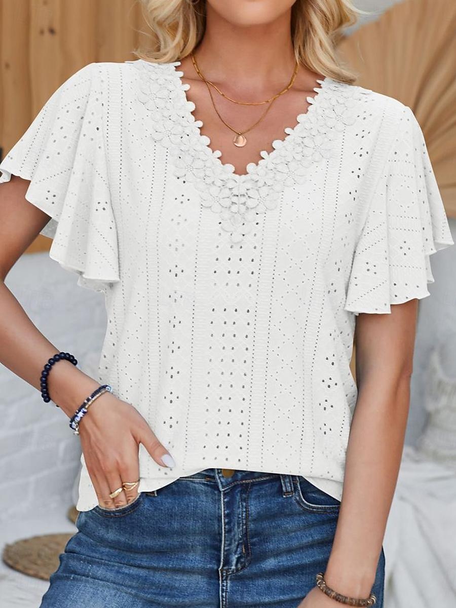 Women's Pointelle Shirt Eyelet Top Lace Shirt Lace Short Sleeve Flutter Sleeve Crew Neck Casual Daily Beach Blue Black White Pink Summer 2026 - $23.99 –P1