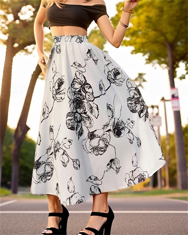 Mujer Columpio Falda larga Midi Faldas Gasa Estampado Flores Diario Festivos Primavera verano Gasa Elegante Moda Negro Blanco 2025 - $24.99 –P2