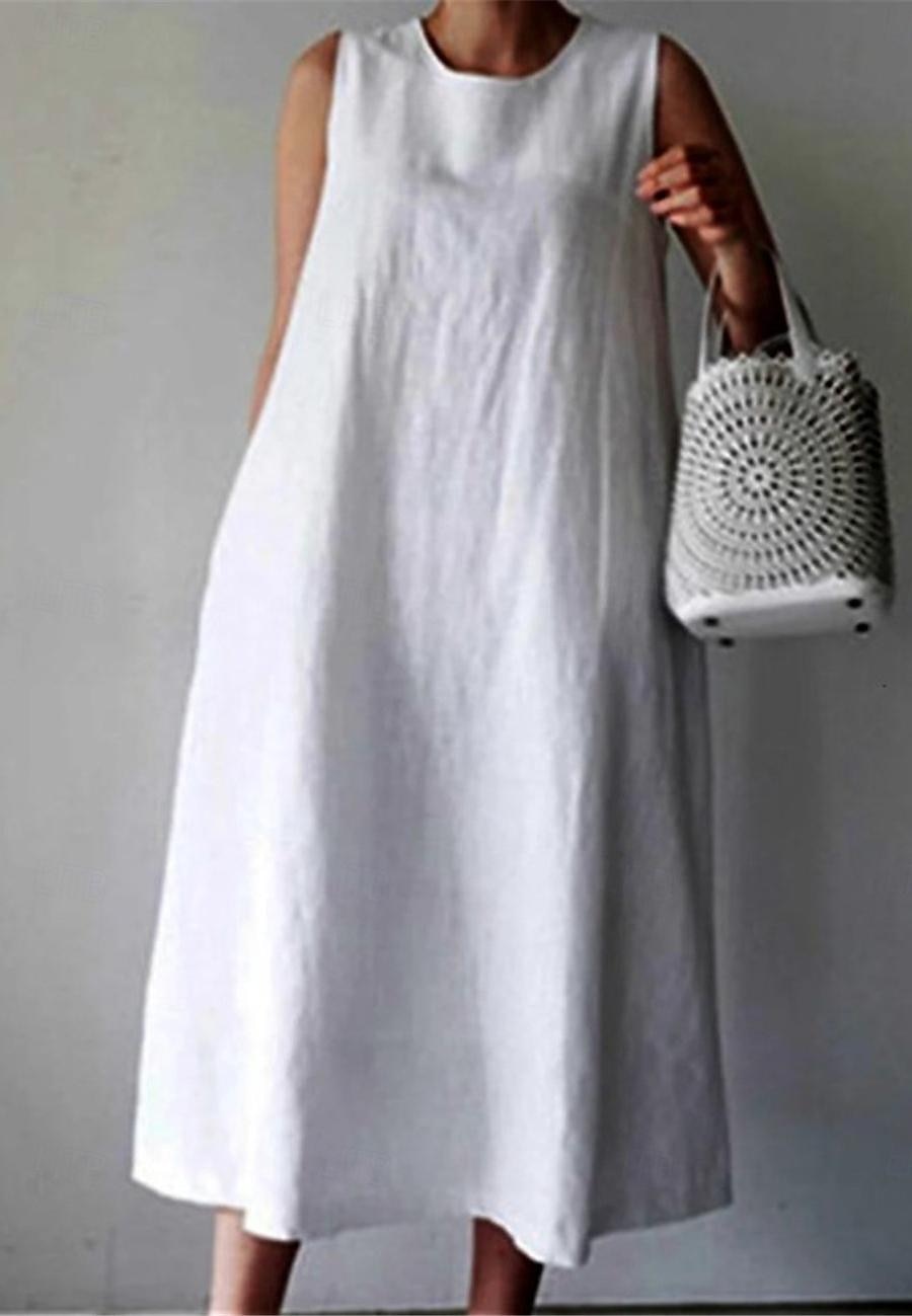 Women's White Wine Navy Blue Summer Spring Midi Dress White Dress Cotton Linen Dresses Sundress Casual Vacation Daily Loose Fit Plain Crew Neck 2025 - $22.99 –P4