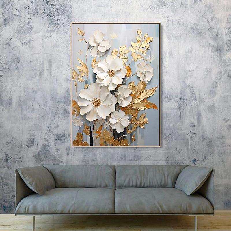 handmålad texturerat guld blomma oljemålning väggkonst abstrakt vit blomma målning på duk minimalistisk modern blommig oljemålning för vardagsrum målning elegant väggdekor fancy väggkonst 2025 - $116.99 –P14