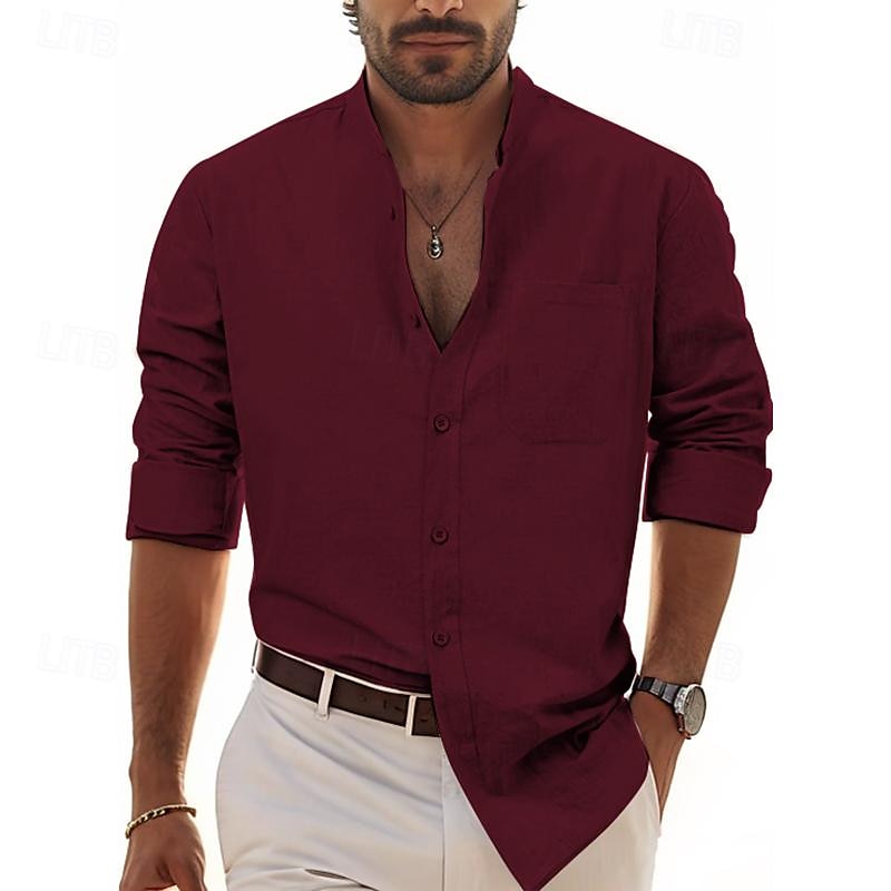 Per uomo Camicia Camicia in lino e cotone Camicia in cotone bianco Camicia con colletto cinese Camicia con colletto alla coreana Maglietta informale Liscio Da mare Hawaiano Nero Bianco Vino Blu marino del 2025 a $19.99 –P8