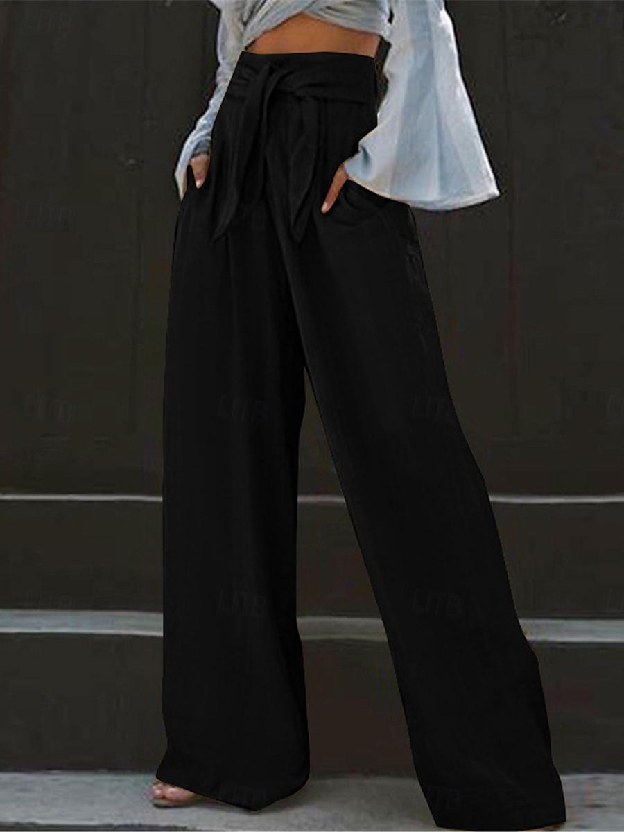 Dames Breed Been Broeken Streetwear Casual Lang Hoge taille Effen Zak Hoge snede Ademend Zacht Micro-elastisch Vakantie Straat Alledaagse kleding Zwart Geel Hemelsblauw Donkerblauw Zomer Lente 2025 - $22.99 –P2