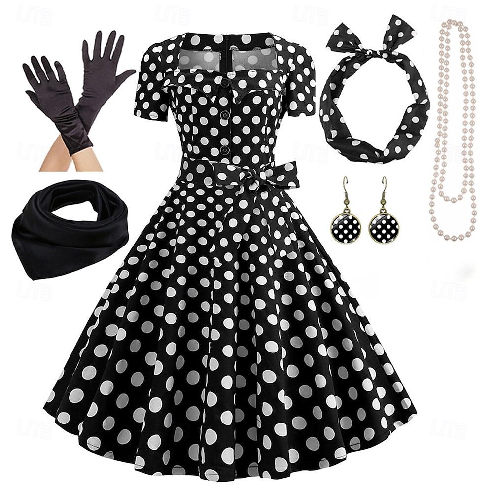 dam a-linje rockabilly klänning prickiga svängklänning flare klänning med accessoarer set 1950-60-tal retro vintage med pannband chiffong halsduk örhängen kattögon glasögon pärlhalsband handskar 7st 2025 - $46.99 –P4