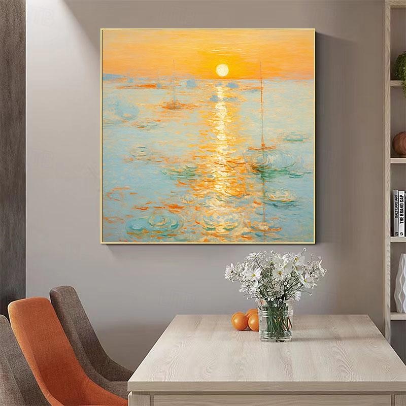 手書き油絵 sun rise 日の出 額付き インテリア 油彩画 2026年 モネ印象派の風景画、海の日の出、手描きの油絵、クリーム