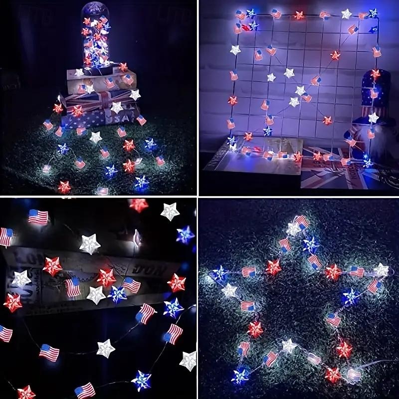 Патриотичные светодиодные гирлянды Декор для Дня независимости 2 м 20 LED для Дня независимости 4 июля 250-й юбилей День памяти работающие от батареек звёздные огоньки праздничное украшение для дома 2026 - $9.99 –P12