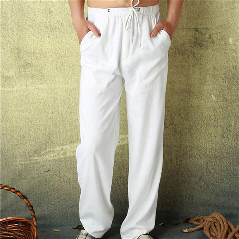 Men's Linen Pants Trousers Summer Pants Beach Pants Pocket Drawstring Elastic Waist Plain Comfort Breathable Vacation Daily Holiday Hawaiian Boho ArmyGreen Black 2025 - $21.99 –P1