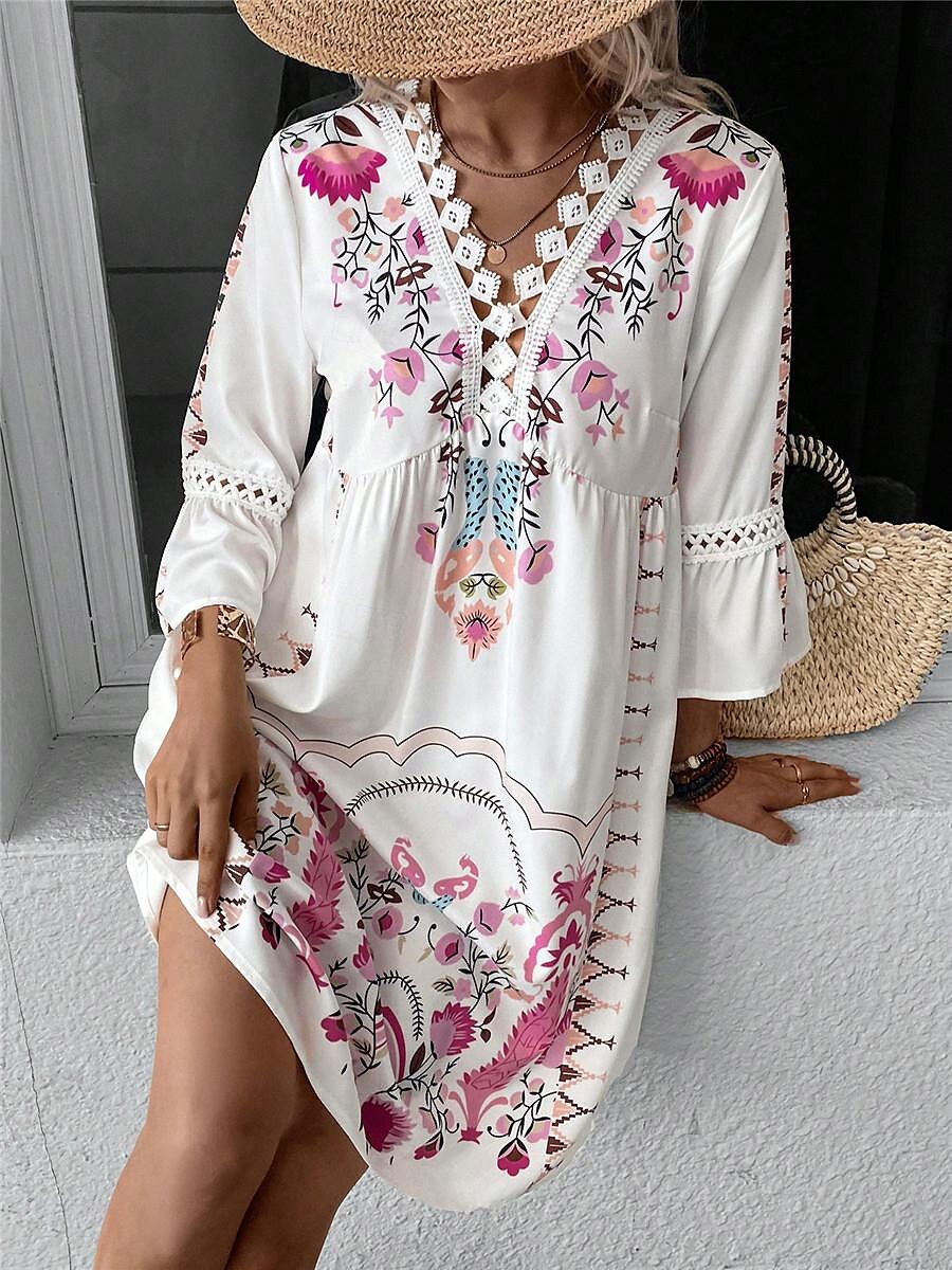 Damen Minikleid Casual kleid Sommerkleid Boho-Kleid Stilvoll Brautkleider schlicht Urlaub Täglich Verabredung Regular Fit Blumen 3/4 Ärmel V Ausschnitt Schwarz Rote Fuchsie Aprikose Sommer 2025 - $27.99 –P6