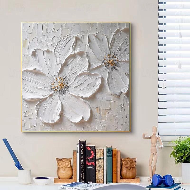 abstraktes, dickes Ölgemälde mit weißer Blume, modern, 100 % handgefertigt, weiße Leinwand, Gemälde, Wandkunst für Wohnzimmer, rahmenloses Dekor, gespannter Rahmen, fertig zum Aufhängen oder ungerahmt 2025 - zł418.99 –P1