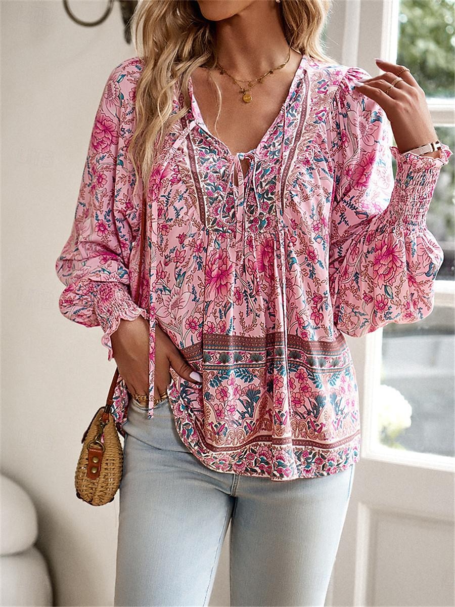 dameskjorte bluse casual boho floral blondetrykk lange ermer vanlige topper v-hals ferie strand rosa marineblå blå oransje sommer 2025 - $31.99 –P1