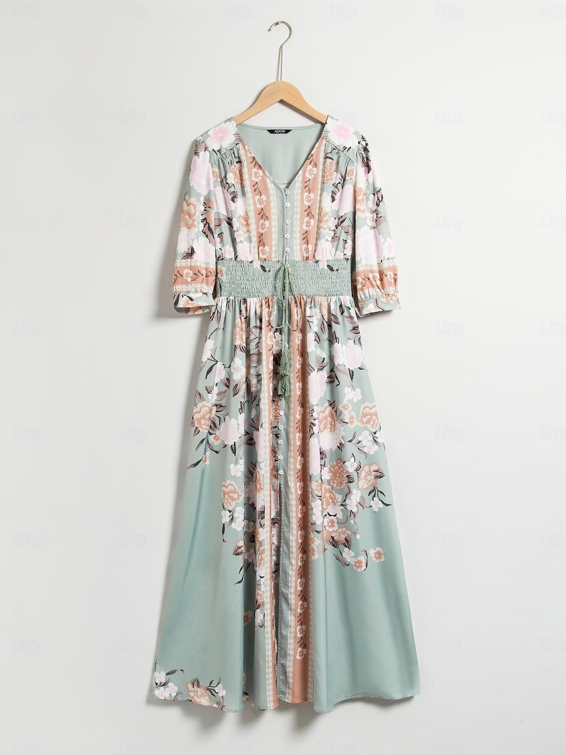 Robe longue en satin vert à fleurs, col en V, manches bouffantes, pour invités de fête/mariage, pour impressionner 2024 de 2025 ? $108.99 –P7