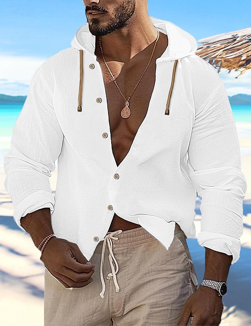 Per uomo Camicia camicia di lino Camicia estiva Abbigliamento mare Camicia con bottoni Liscio Da mare Curise Nero Bianco Blu Cachi Manica lunga Con cappuccio Primavera estate Abbigliamento del 2025 a $26.99 –P1