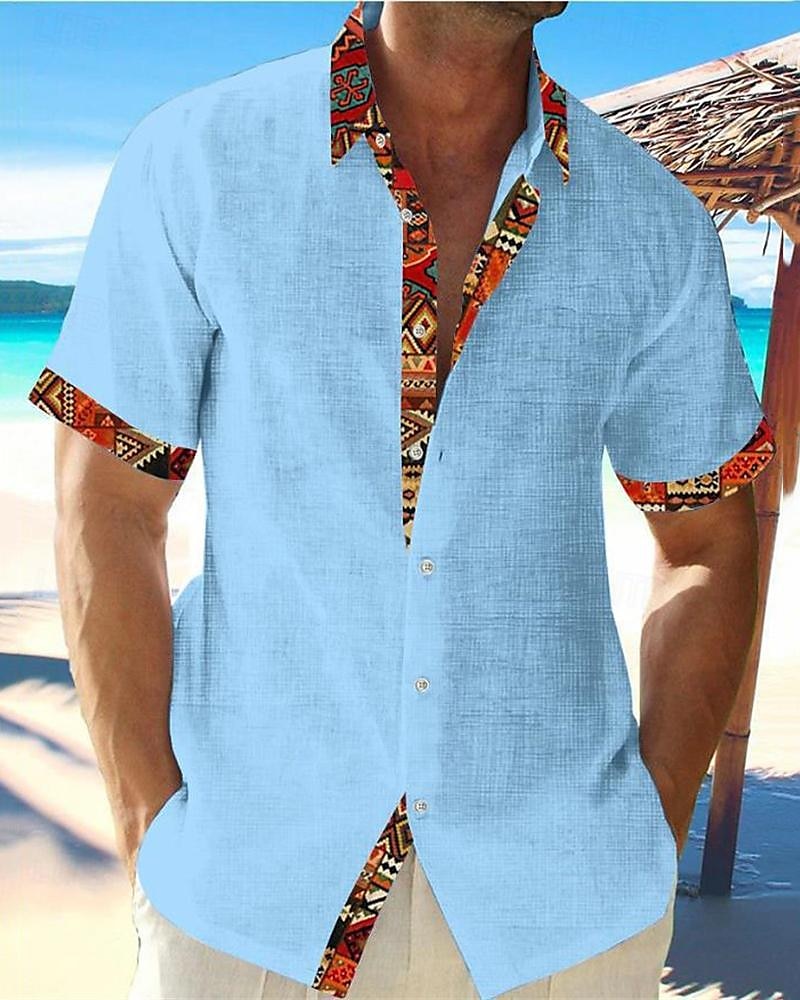 Per uomo Camicia Camicia Estiva Camicia casual Camicia da Spiaggia Camicia con Bottoni Bianco Rosa Azzurro cielo Grigio Manica Corta Blocco di colori Tribale Bavero Vacanza Camicia hawaiana Splice del 2025 a $21.99 –P1