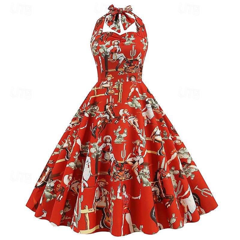Retró 1950-es Rockabilly Swing ruha Flare ruha A-vonalú Kötőfék nyaka Női Farsang Zsúr Alkalmi / Napi Retro témájú buli Felnőttek Ruha Tavaszi nyár 2025 - $28.99 –P16