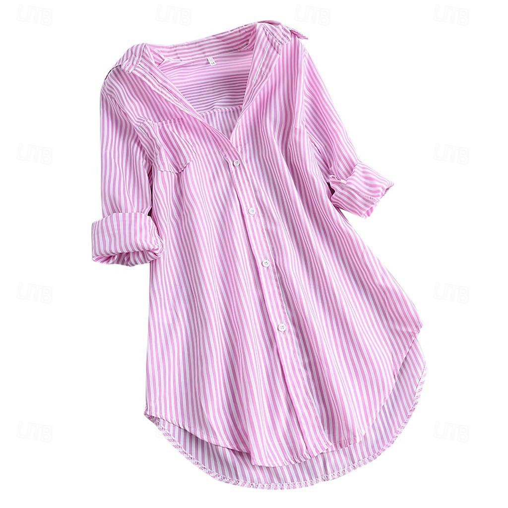 Dames Overhemd Linnen-geïnspireerde overhemden Knoop omhoog Blouse Gestreept Casual Lange mouw Overhemdkraag Lange tops Dagelijks Knop Afdrukken Zwart Blozend Roze Rood Marineblauw blauw Lente 2025 - $27.99 –P2
