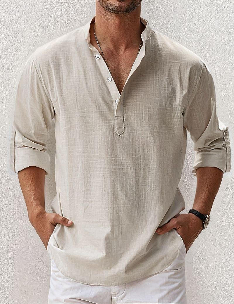 Voor heren Linnen overhemd Popover-shirt Zomer overhemd Strand Kleding Normaal shirt Overhemd met bandkraag Effen Vakantie Hawaii Zwart Wit Blozend Roze blauw Lange mouw Henley Lente zomer Kleding 2026 - $25.99 –P11