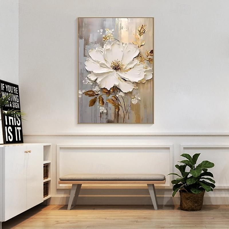 handmålad texturerat guld blomma oljemålning väggkonst abstrakt vit blomma målning på duk minimalistisk modern blommig oljemålning för vardagsrum målning elegant väggdekor fancy väggkonst 2025 - $116.99 –P4
