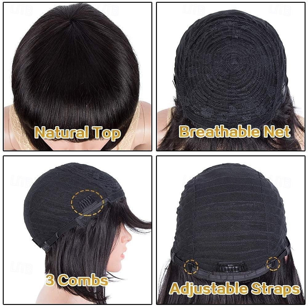 Remy mensenhaar Pruik Kort Recht Zijde Recht Bobkapsel Korte bob Strakke pony Met pony Natuurlijke Kleur Zacht Gemakkelijk aankleden Beste kwaliteit Machinegemaakt Braziliaans haar Dames Zwart 10 2025 - $78.99 –P7