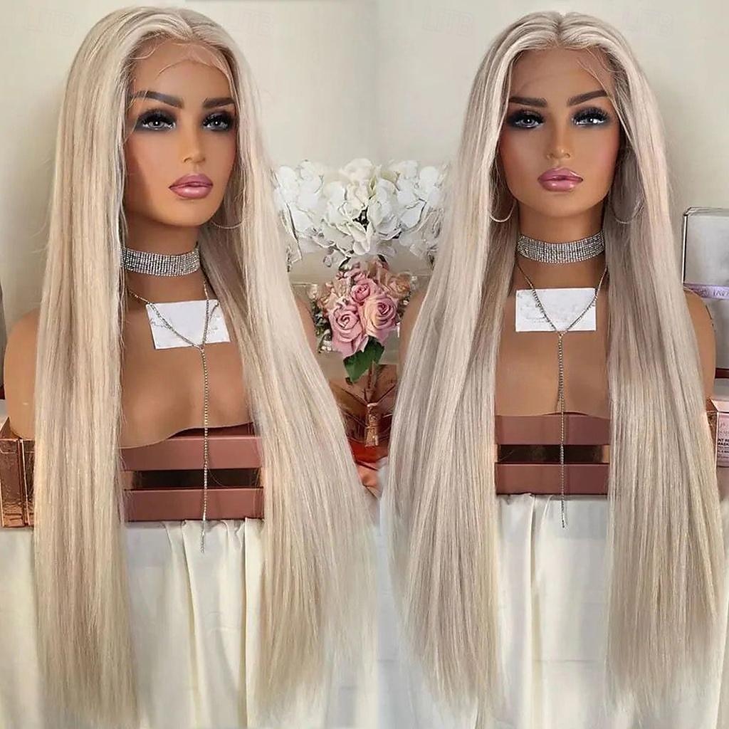 popelavá blond rovná remy krajka z lidských vlasů přední paruka natrhaná brazilské panenské vlasy krajka z lidských vlasů paruky s dětskými vlásky pro ženy 2025 - $352.89 –P1