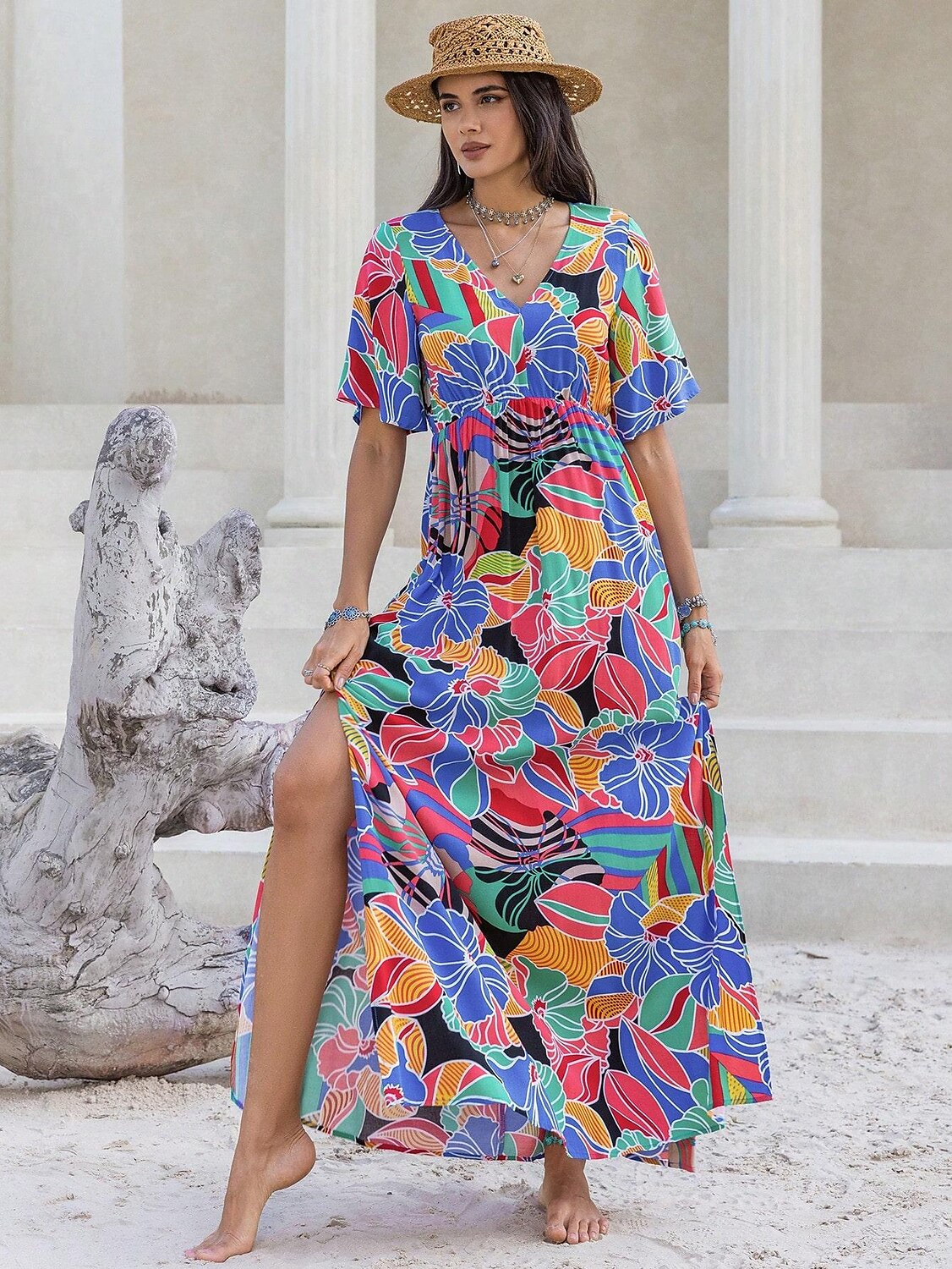 Damen kleid lang Chiffon-Kleid Elegant Böhmen Vintage Urlaub Party Täglich Lockere Passform Blumen Kurzarm Asymmetrisch Blau Sommer 2025 - $41.99 –P3