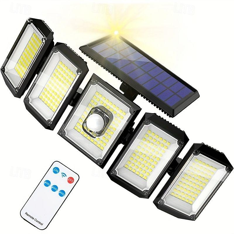 holofotes solares sensor de movimento externo 300 led 5 cabeças sensor de movimento movido a energia solar com controle remoto do anoitecer ao amanhecer 3 modos de iluminação de 2025 por $37.99 –P13