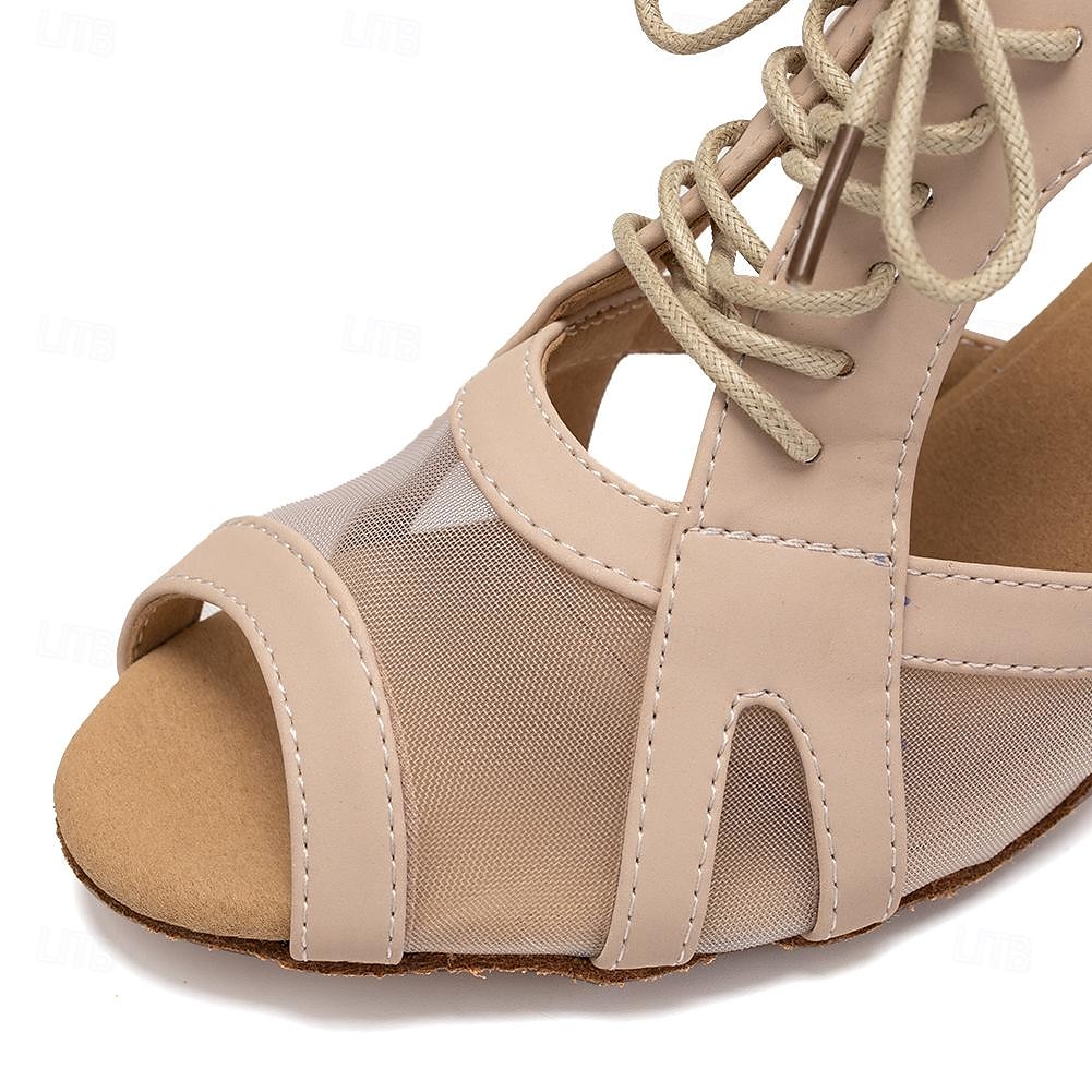 sapatos de dança de malha preta com cadarço femininos, salto baixo e sola de camurça – design elegante e aberto para apresentações de salão, latinas e festas de 2025 por $42.99 –P4