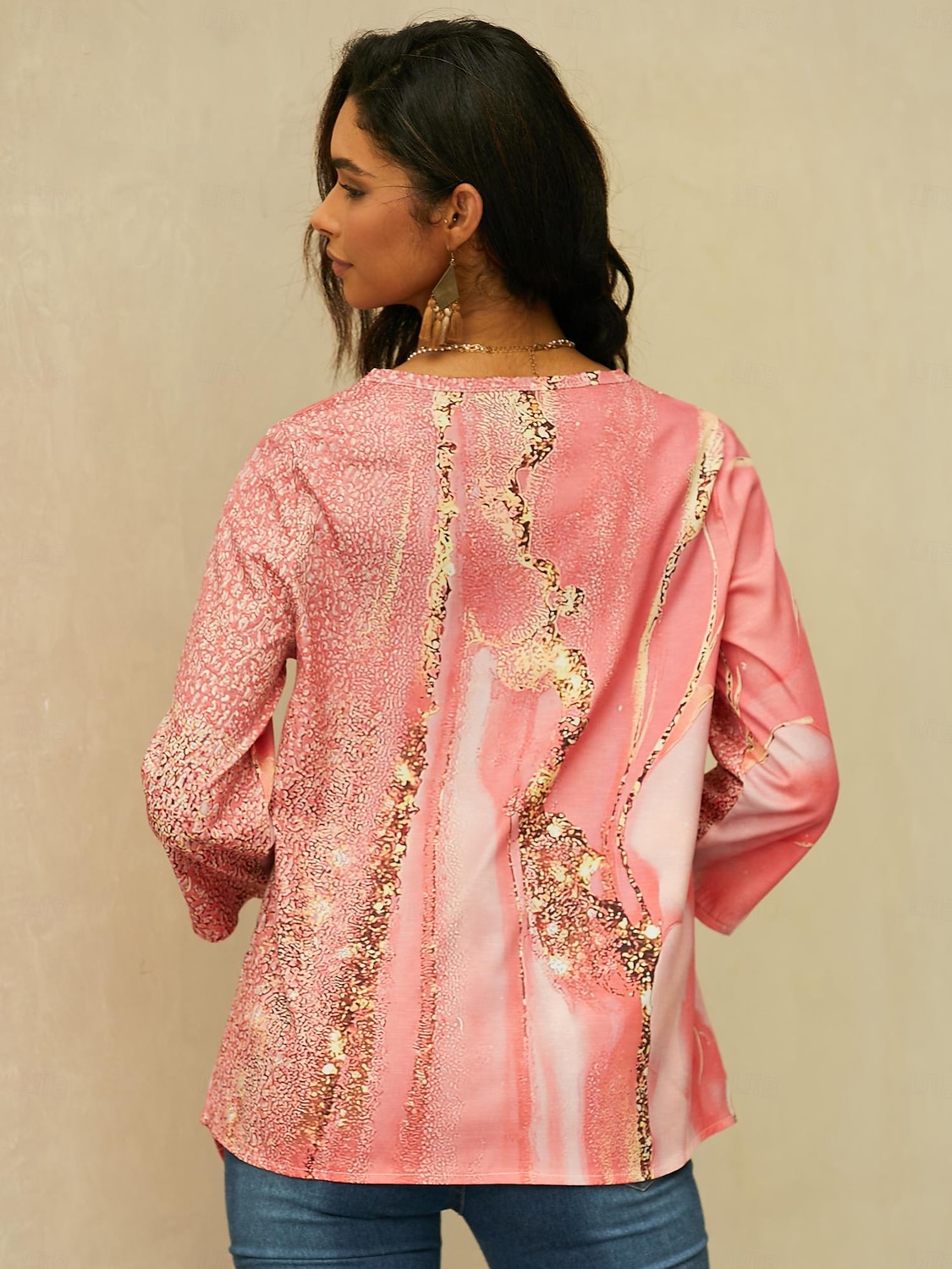 Kvinnors blus chiffong daglig grundläggande neongrön  ljus abstrakt tryck långärmad lång toppar rund hals avslappnad ljusgrön rosa blå grön beige höst  vinter 2025 - $24.99 –P13