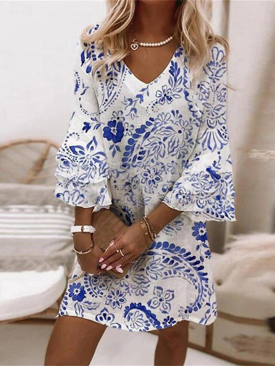 Dame Mini kjole Uformell kjole Sommerkjole Boho-kjole Stilfull Fritid Feriereise Daglig Normal Blomstret 3/4 ermer V-hals Gul Rosa Blå Lyseblå Sommer 2025 - $35.99 –P2