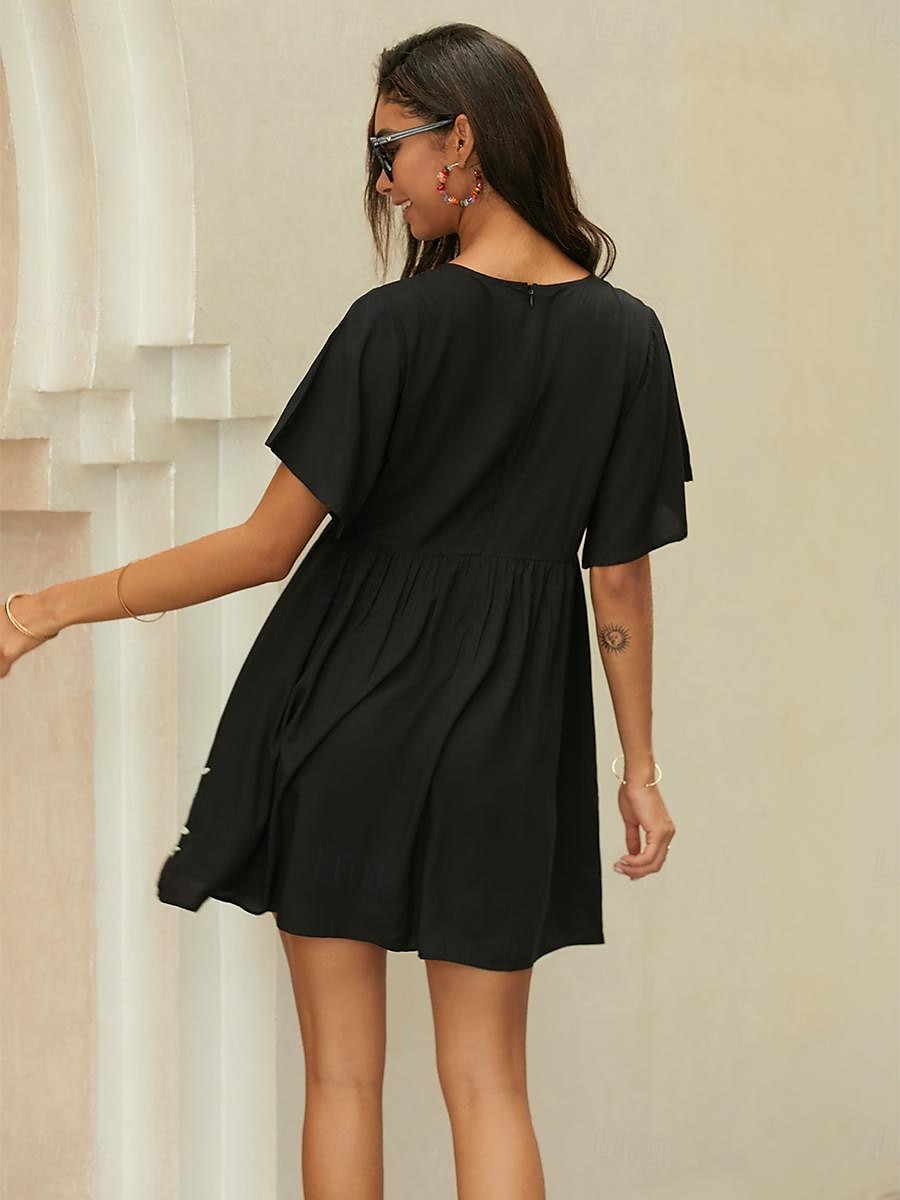 Women's Embroidered Black Dress Mini Dress Floral Crew Neck Short Sleeve Summer Spring Black 2024 - $45.99 –P6