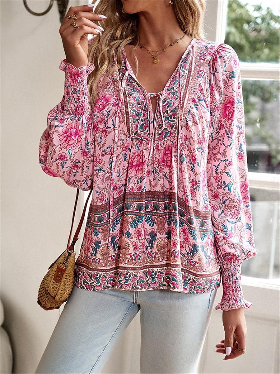 dameskjorte bluse casual boho floral blondetrykk lange ermer vanlige topper v-hals ferie strand rosa marineblå blå oransje sommer 2025 - $31.99 –P2