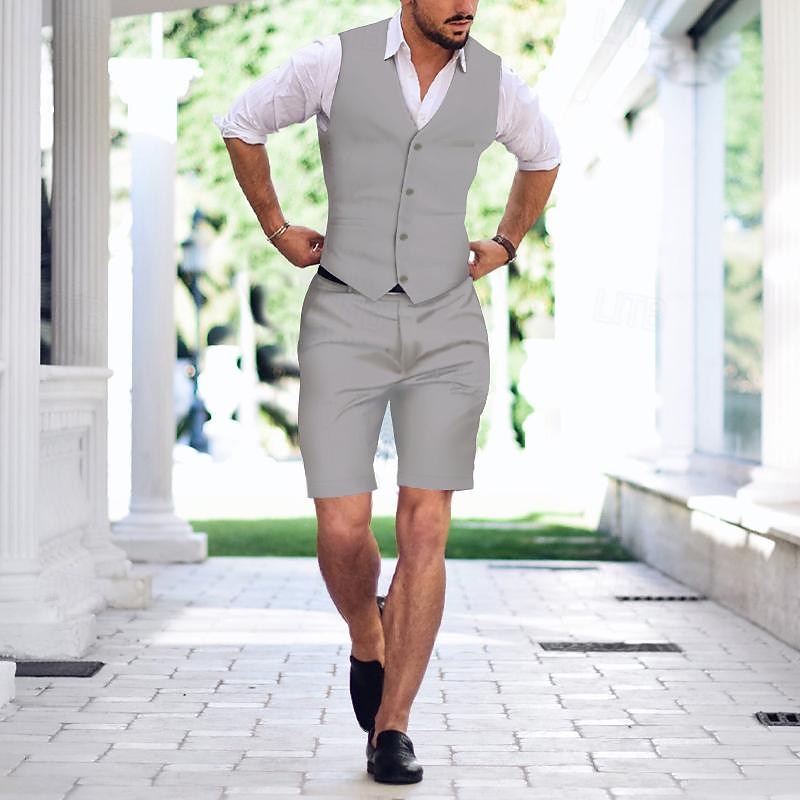 Black Sky Blue Men s Linen Suits Wedding Shorts Waistcoat Summer Beach Wedding Suits Wedding Shorts 2 Piece Solid Colored Tailored Fit 2024 2024 73.99