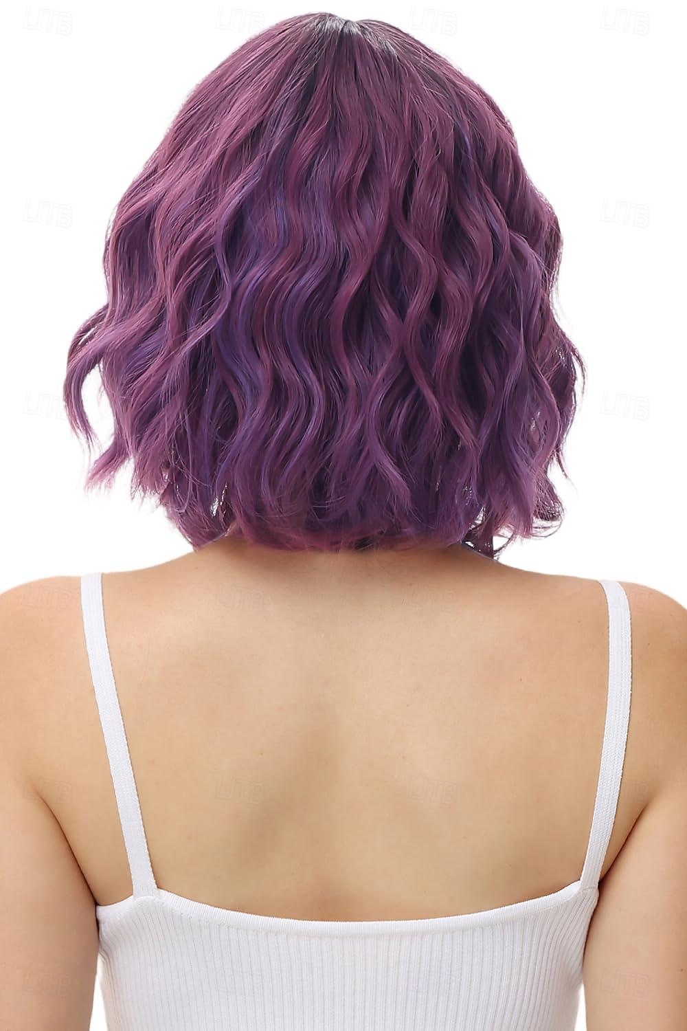 parrucca bob ondulata viola verde rosa con frangia parrucca viola ombre naturale capelli sintetici lunghezza delle spalle parrucche corte ricci per le donne del 2025 a $19.99 –P4