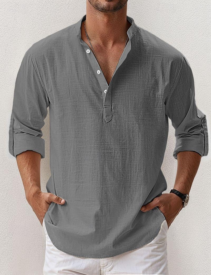 Voor heren Linnen overhemd Popover-shirt Zomer overhemd Strand Kleding Normaal shirt Overhemd met bandkraag Effen Vakantie Hawaii Zwart Wit Blozend Roze blauw Lange mouw Henley Lente zomer Kleding 2026 - $25.99 –P15